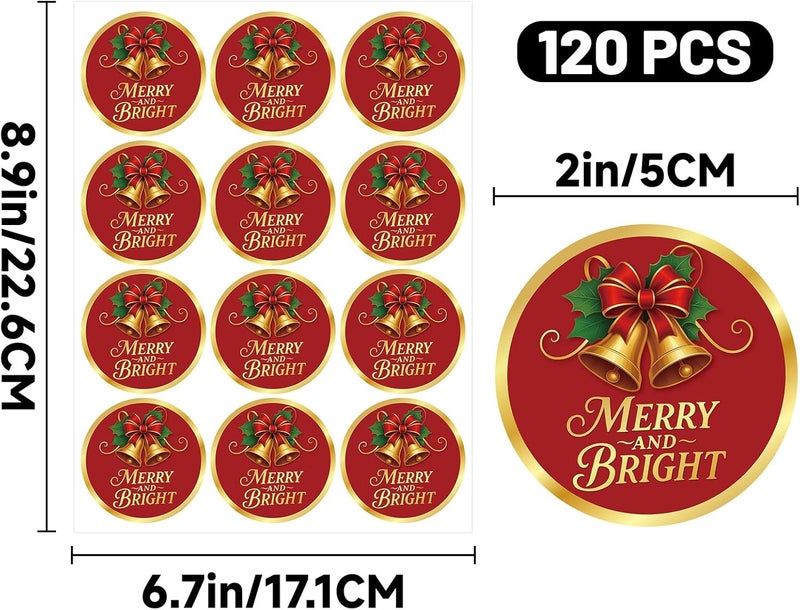 Alynta Merry and Bright Stickers - 2 Inch 120Pcs Holiday Stickers Gold Foil Christmas Sticker Round Large Xmas Bell Sticker Labels for Envelope Seals Ornaments Presents - Image 2